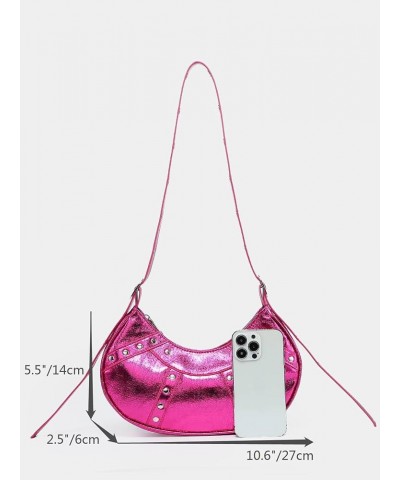 Women's Y2k Purse Studded Pleated Hobo Shoulder Bag PU Leather Clutch Handbag Hot Pink $14.50 Shoulder Bags