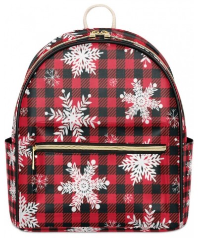 Plaid Snowflakes Mini Backpack Purse for Women Teen Girls, Snowflakes Christmas Leather Small Backpack Lightweight Casual Tra...