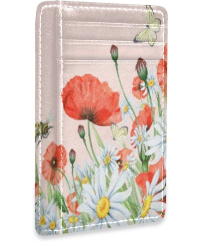 Wildflowers Chamomiles With Poppies And Butterflies Slim Minimalist Wallets Rfid Blocking Card Wallets PU Leather Front Pocke...