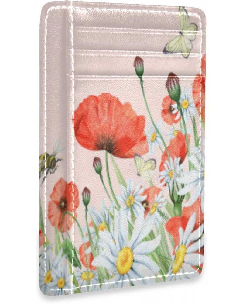 Wildflowers Chamomiles With Poppies And Butterflies Slim Minimalist Wallets Rfid Blocking Card Wallets PU Leather Front Pocke...