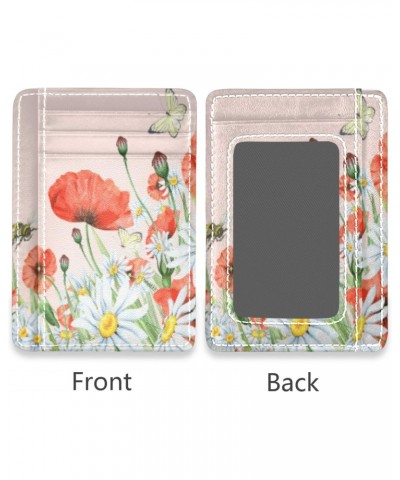 Wildflowers Chamomiles With Poppies And Butterflies Slim Minimalist Wallets Rfid Blocking Card Wallets PU Leather Front Pocke...