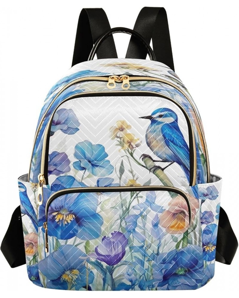 Watercolor Bird Flowers Blue Quilted Backpack for Women Purse Shoulder Bags Travel Bag for Daily Nurse Work M Small $15.19 Ba...