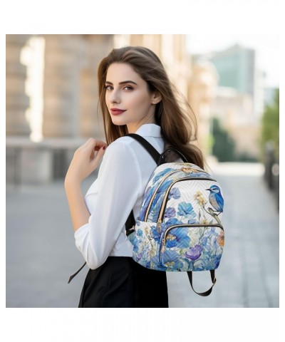 Watercolor Bird Flowers Blue Quilted Backpack for Women Purse Shoulder Bags Travel Bag for Daily Nurse Work M Small $15.19 Ba...