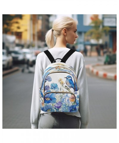 Watercolor Bird Flowers Blue Quilted Backpack for Women Purse Shoulder Bags Travel Bag for Daily Nurse Work M Small $15.19 Ba...