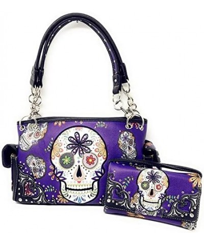 Women's Embroidered Metal Skull Purse Handbag and Wallet set in 7 colors Sugar Skull Purple Set $32.40 Shoulder Bags