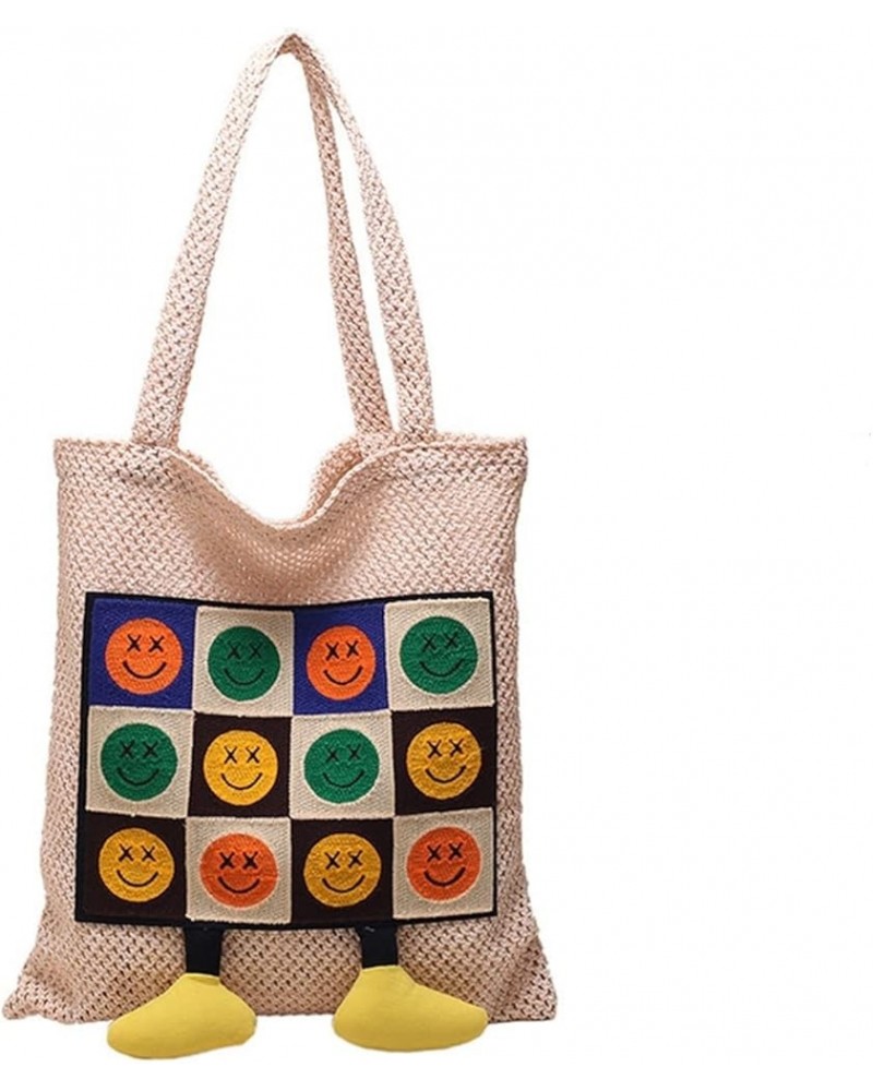 Women's Casual Smiley Face Expression Contrast Color Stitching Small Feet Weaving Shoulder Bag Aesthetic Handbag White $23.50...