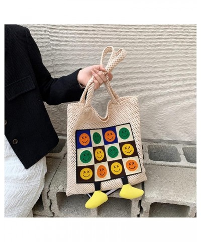 Women's Casual Smiley Face Expression Contrast Color Stitching Small Feet Weaving Shoulder Bag Aesthetic Handbag White $23.50...