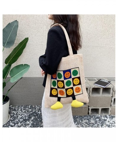 Women's Casual Smiley Face Expression Contrast Color Stitching Small Feet Weaving Shoulder Bag Aesthetic Handbag White $23.50...