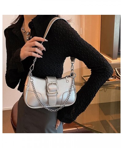 Y2k Purse Small Shoulder Bag for Women Y2k 90s Hobo Handbag Trendy Leather Clutch Purse Chain Underarm Bag 2023 A2-silver $9....