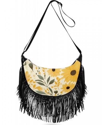 Hand Painted Sunflower Tassel Crossbody Handbags for Women Ample Capacity Shoulder Bag with Adjustable Strap Durable Travel B...