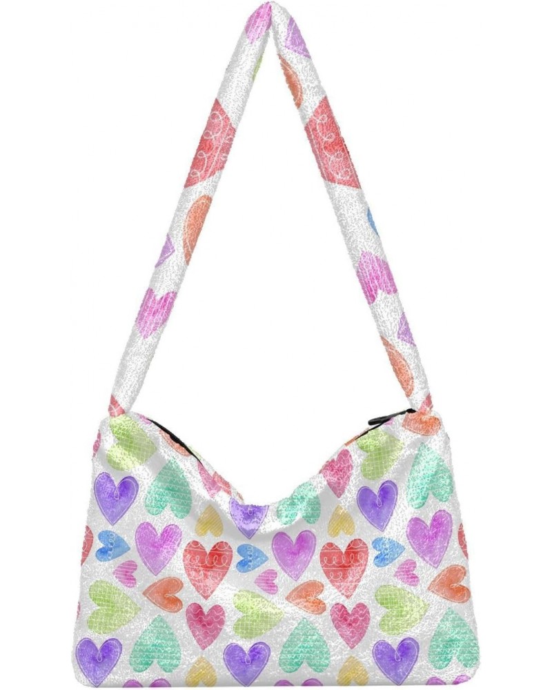 Hearts Repeating Pattern Plush Underarm Bag Women's Tote Handbags Fluffy Shoulder Bag for Autumn and Winter $14.15 Shoulder Bags