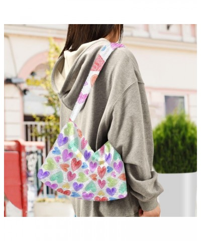 Hearts Repeating Pattern Plush Underarm Bag Women's Tote Handbags Fluffy Shoulder Bag for Autumn and Winter $14.15 Shoulder Bags