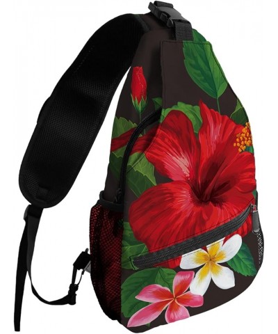 Sling Bag Crossbody Bag for Women Men Tropical Plant Leaves Watercolor Hibiscus Flower Waterproof Hiking Backpack Lightweight...