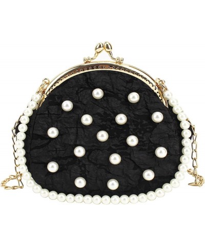 Pearl Beaded Crossbody Purse Mini Shell Satchel Handbag Kiss Lock Evening Clutch for Women Black $17.81 Satchels