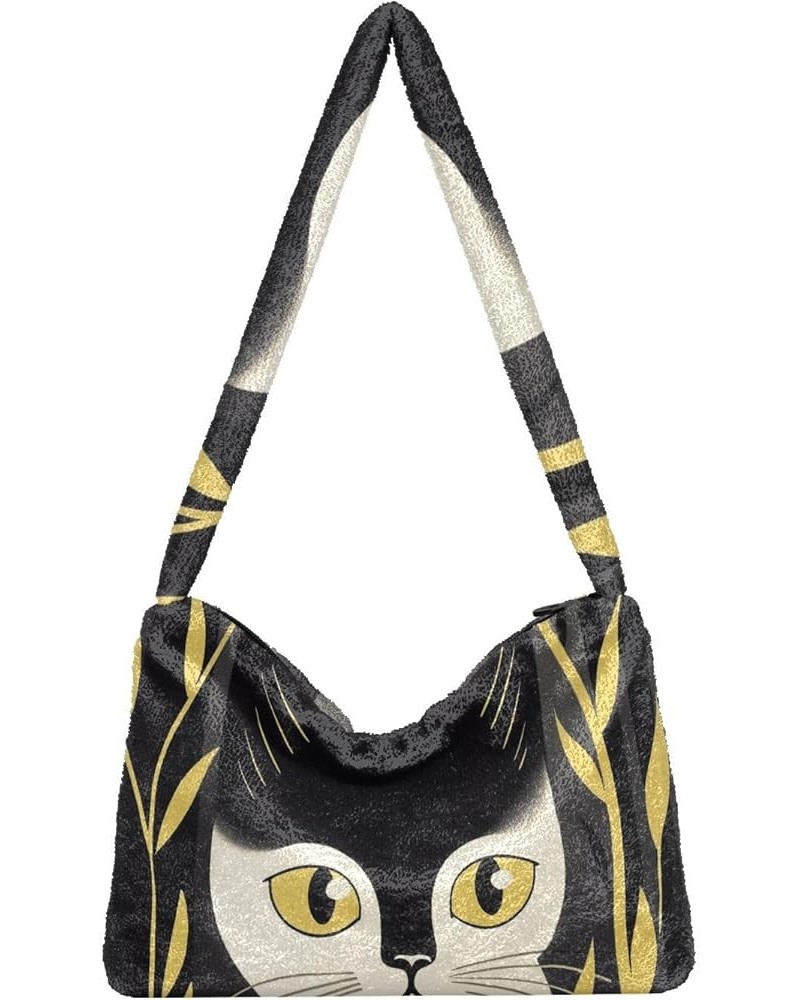 Dragonfly Rose Palace Carpet Woman Shoulder Bag, Plush Handbag, Autumn Handbags Retro Yellow Abstract Cat $11.99 Shoulder Bags