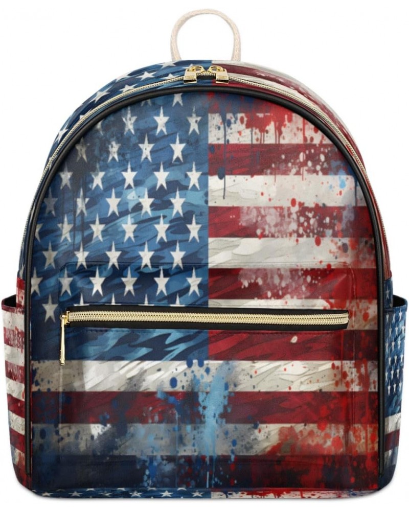 Vintage American Flag Mini Backpack Purse for Women, USA Flag Painting Small Fashion Backpack PU Leather Casual Daypack Trave...