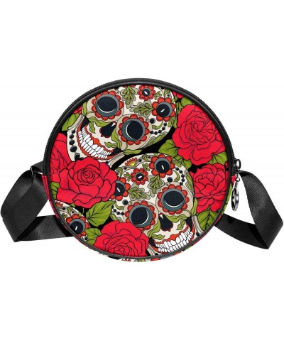 Skull Red Flowers Pattern Funny Crossbody Bag for Women Teen Girls Round Canvas Shoulder Bag Purse Tote Handbag Bag $9.45 Totes