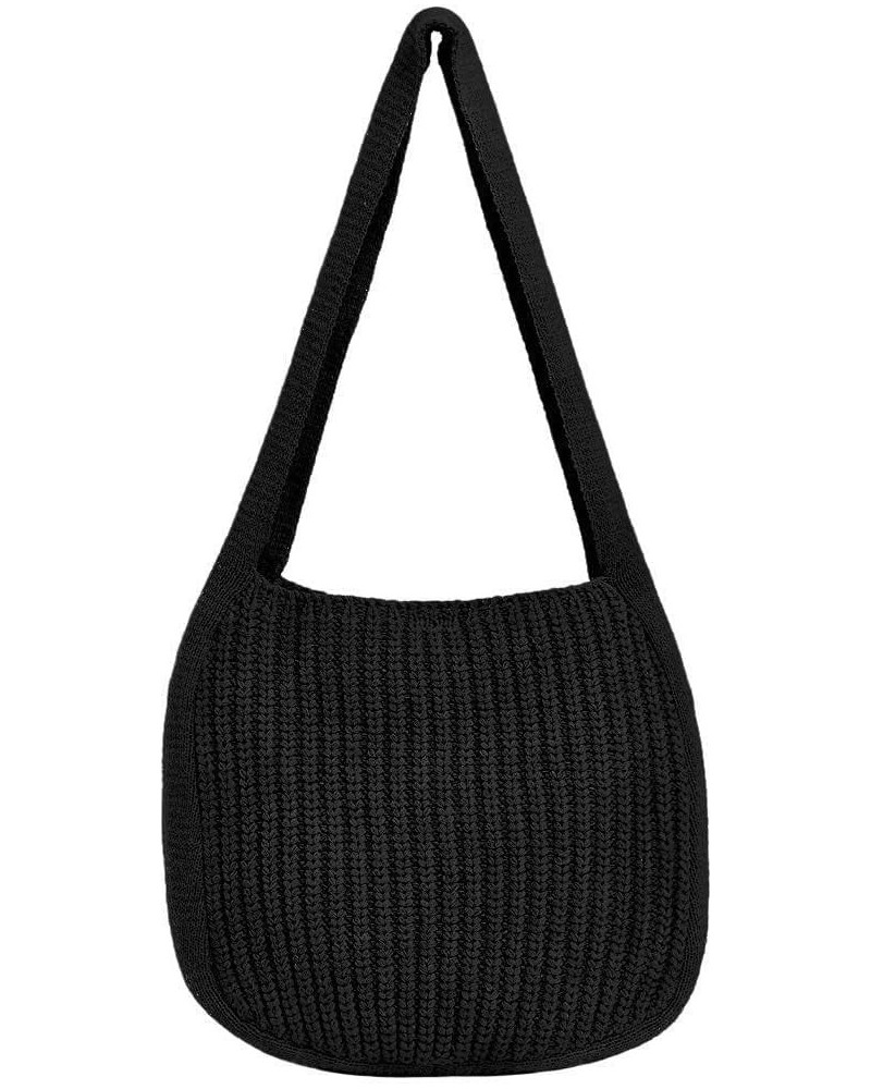 Crochet Tote Bag Retro Knitted Messenger Purse for Women Solid Color Single Strap Elastic Woven Shoulder Hobo Bag Black $14.7...