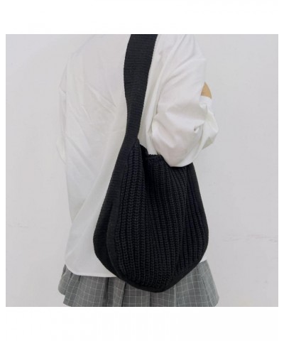 Crochet Tote Bag Retro Knitted Messenger Purse for Women Solid Color Single Strap Elastic Woven Shoulder Hobo Bag Black $14.7...