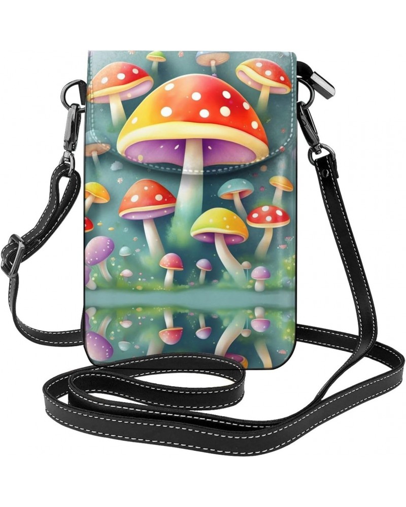 women leather Cell Phone Purse Cute colored mushrooms pattern Multifunction,Soft, durable,Convenient for daily use and travel...