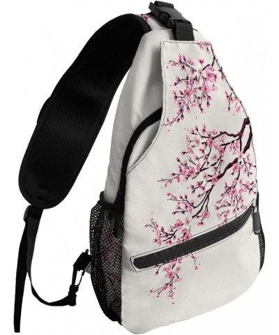 Sling Bag Crossbody Bag for Women Men Flowers Pink Cherry Blossom on Cotton Linen Waterproof Hiking Backpack Lightweight Ches...