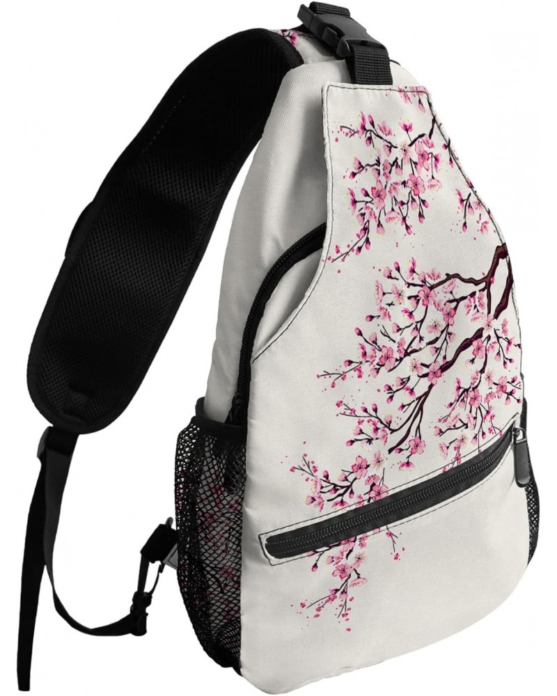 Sling Bag Crossbody Bag for Women Men Flowers Pink Cherry Blossom on Cotton Linen Waterproof Hiking Backpack Lightweight Ches...