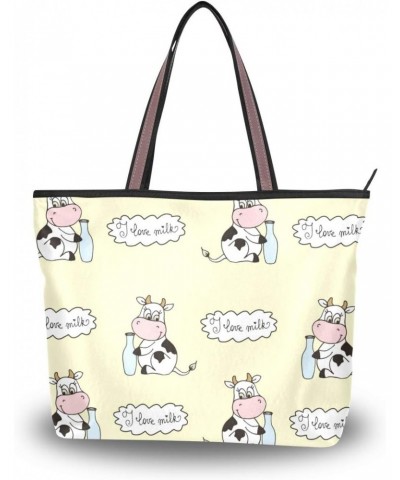 Women Top Handle Tote Bag Cute Cartoon Cow With Milk Shoulder Bag Handbag $13.76 Shoulder Bags