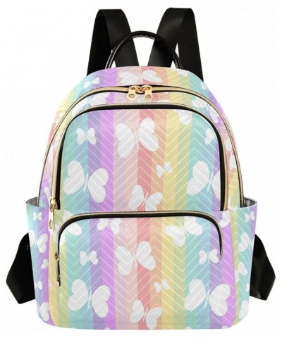 Cute White Butterfly on Rainbow Colorful Stripes Small Backpack Purse for Women Travel Bag Fashion Daypack Back Pack Shoulder...