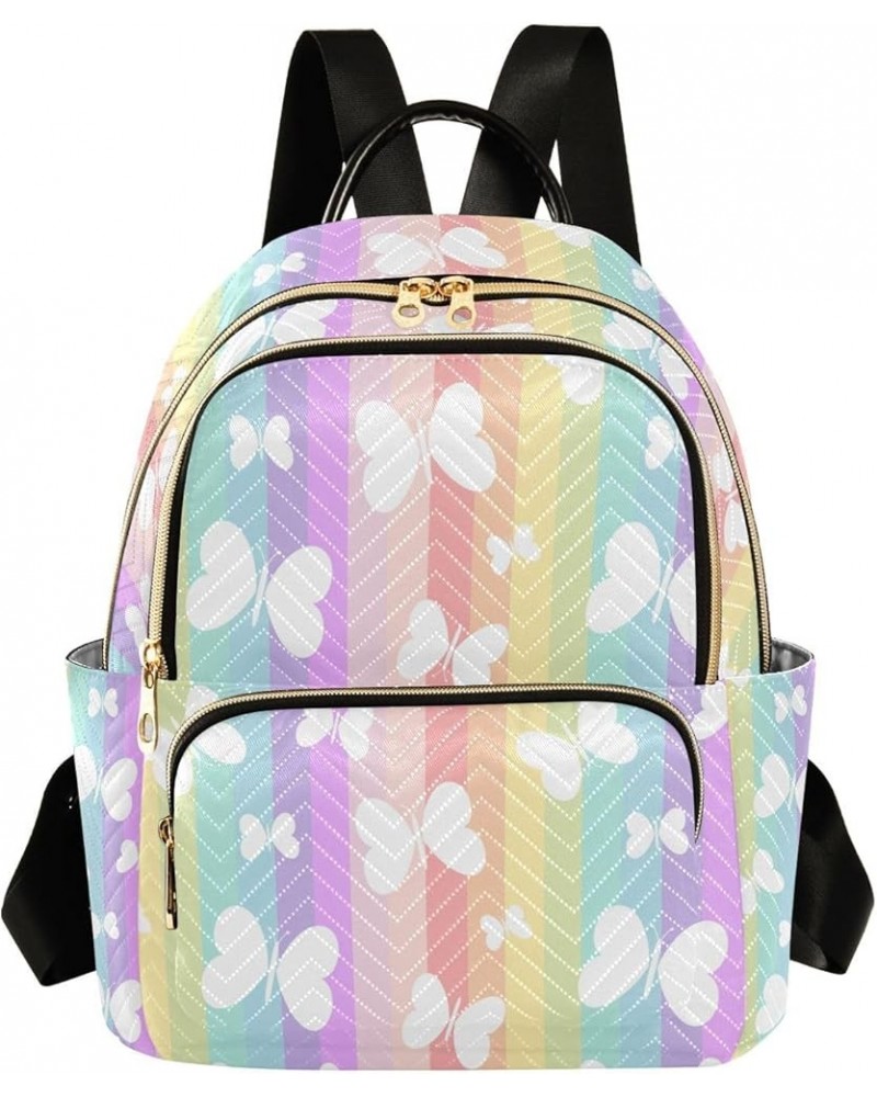 Cute White Butterfly on Rainbow Colorful Stripes Small Backpack Purse for Women Travel Bag Fashion Daypack Back Pack Shoulder...