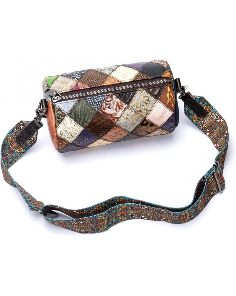 Women Purse, Genuine Leather Patchwork Cylinder Bag, Ladies Multicolored Crossbody Bags with Wide Shoulder Strap $38.53 Shoul...