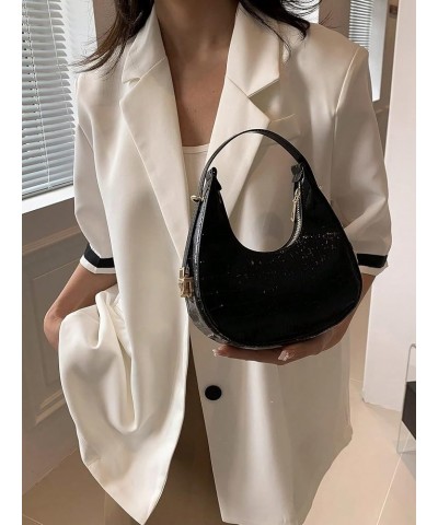 Women's Crescent Hobo Bag Metallic Purse Crocodile Embossed Mini Clutch Bag Tote Handbags Black $12.50 Hobo Bags