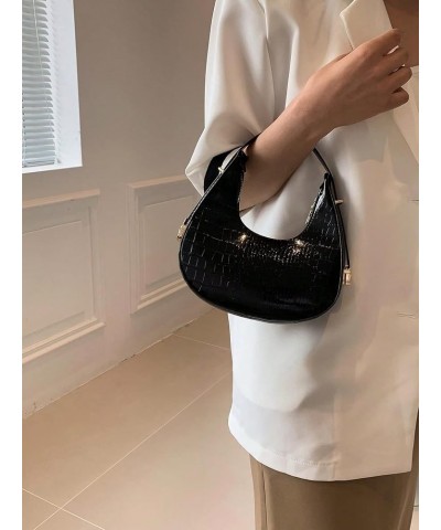 Women's Crescent Hobo Bag Metallic Purse Crocodile Embossed Mini Clutch Bag Tote Handbags Black $12.50 Hobo Bags