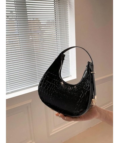 Women's Crescent Hobo Bag Metallic Purse Crocodile Embossed Mini Clutch Bag Tote Handbags Black $12.50 Hobo Bags