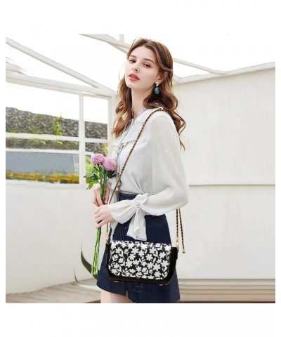 Women's Crossbody Handbags Leather Shoulder Bags Wallet Black Flap (White Small Floral) Print Adjustable Chain Straps Satchel...