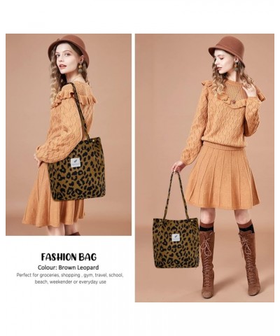 Corduroy Tote Bag for Women Canvas Shoulder Cord Purse with Inner Pocket Brown Leopard $10.86 Shoulder Bags