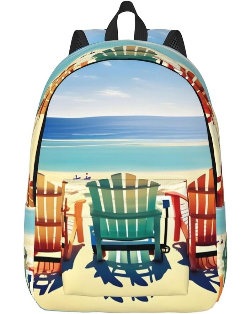 Beach Scene With Chairs Print Unisex Canvas Bag Canvas Shoulder Pouch Pack Lightweight Backpack For Woman Lady Black Medium $...