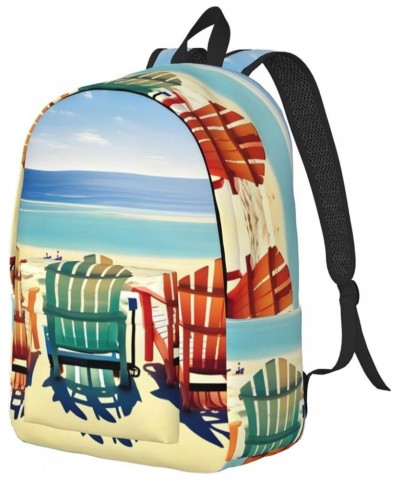 Beach Scene With Chairs Print Unisex Canvas Bag Canvas Shoulder Pouch Pack Lightweight Backpack For Woman Lady Black Medium $...