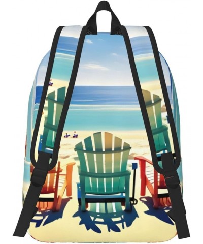 Beach Scene With Chairs Print Unisex Canvas Bag Canvas Shoulder Pouch Pack Lightweight Backpack For Woman Lady Black Medium $...