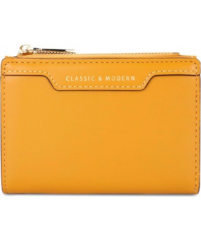 Soft PU Leather Purses for Women, Vegan Bifold Multi-Pocket Card Holder Small Zipper Wallet with 1 ID Window (Yellow) Yellow ...