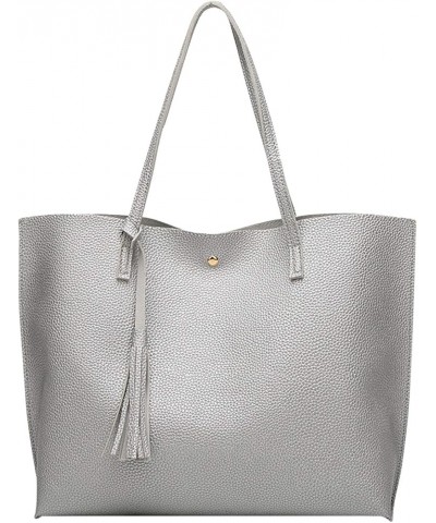 Womens Large Tote Bag Soft Leather Shoulder Handbags with Tassel Silver $9.35 Shoulder Bags