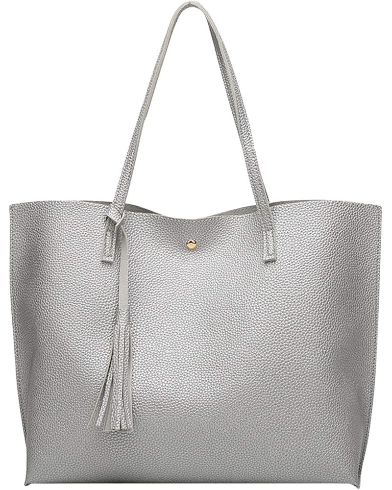 Womens Large Tote Bag Soft Leather Shoulder Handbags with Tassel Silver $9.35 Shoulder Bags