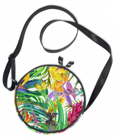 Round Crossbody Shoulder Bag Watercolor Butterflies Leaves Circle Canvas Shoulder Handbag $11.28 Shoulder Bags