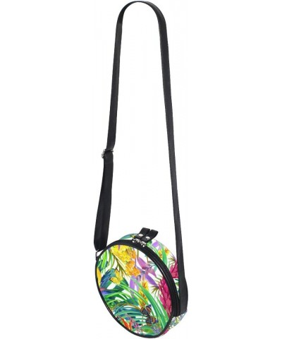 Round Crossbody Shoulder Bag Watercolor Butterflies Leaves Circle Canvas Shoulder Handbag $11.28 Shoulder Bags