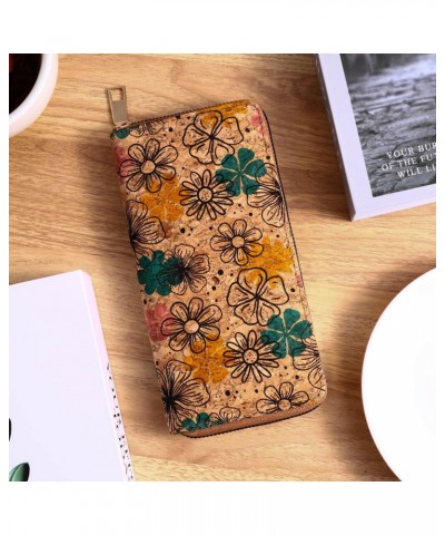 1Pc Boho Wallet Made of PU Cork Leather, Zip Around Wallet Holds Cell Phone Bills Coins Credit Cards ID Cards, Literary Vinta...