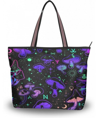 Womens Tote Bag, Magic Mushrooms Occult Symbols Ladies Zip Shoulder Handbags $10.56 Shoulder Bags