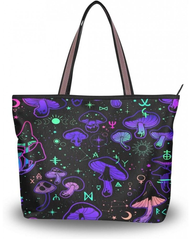 Womens Tote Bag, Magic Mushrooms Occult Symbols Ladies Zip Shoulder Handbags $10.56 Shoulder Bags