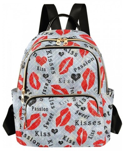 Valentine Red Lips Mini Backpack Purse for Women, Sweet Kiss Quote Travel Backpack Fashion Backpack Lightweight Shoulder Bag ...