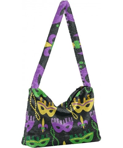 Mardi Gras Women Boho Handbag Masquerade Cute Beads Fleur De Lis Underarm Bag Tote Bag Shoulder Bag Crossbody Bag Fluffy Cell...