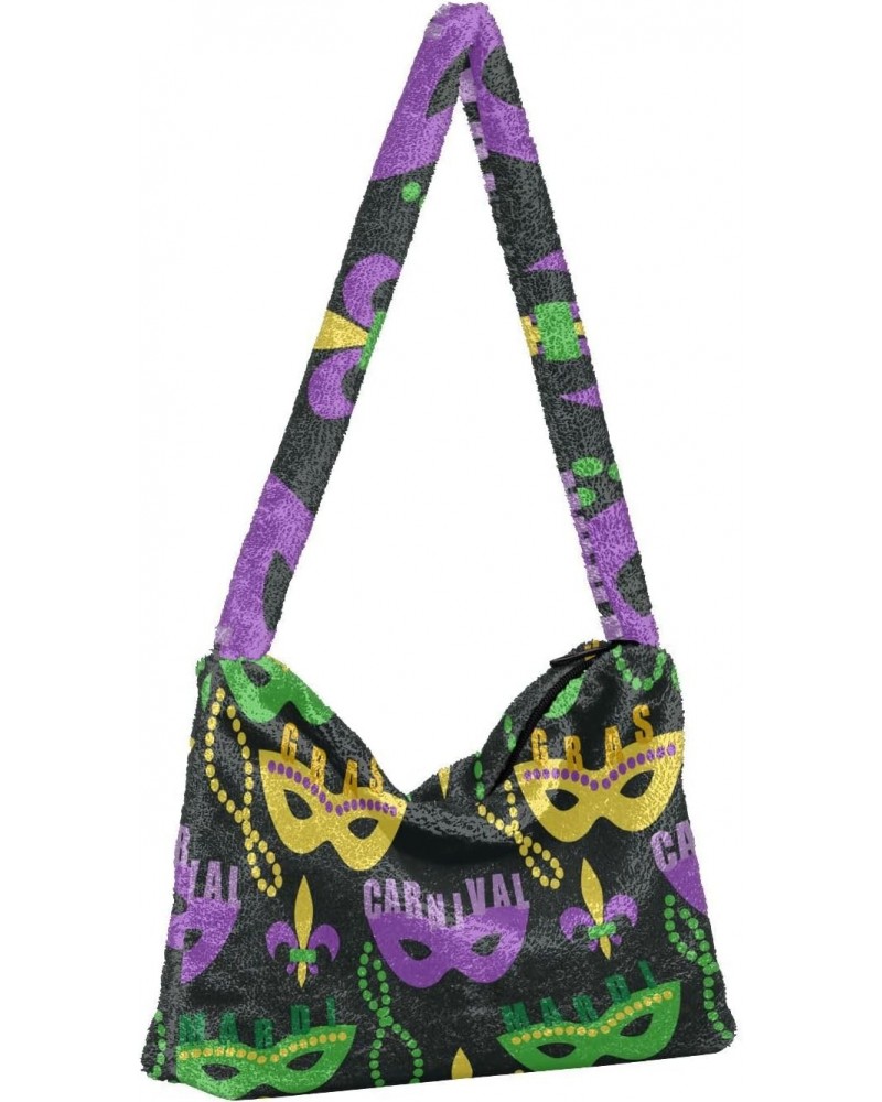 Mardi Gras Women Boho Handbag Masquerade Cute Beads Fleur De Lis Underarm Bag Tote Bag Shoulder Bag Crossbody Bag Fluffy Cell...