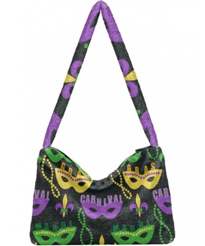 Mardi Gras Women Boho Handbag Masquerade Cute Beads Fleur De Lis Underarm Bag Tote Bag Shoulder Bag Crossbody Bag Fluffy Cell...